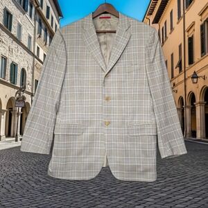 Isaia Napoli Mens Base S Tan Blue Glen Plaid Super 130s Wool Blazer 42R